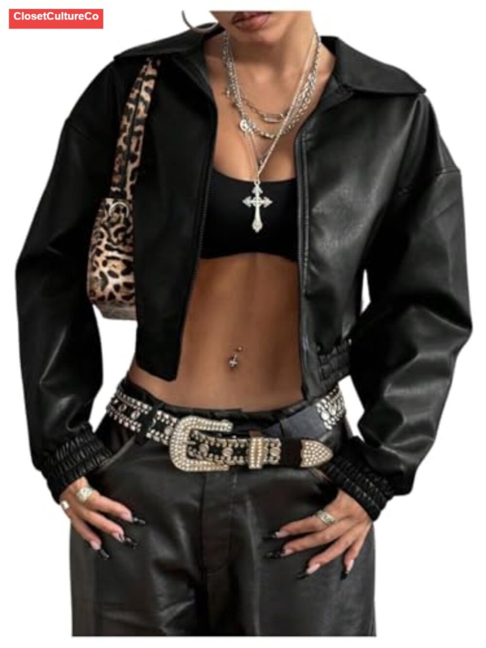 Faux PU Leather Crop Moto Jacket Zip Up Drop Shoulder Streetwear